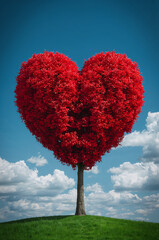 ウェディング招待状に合う赤いハートの木を主役にした縦背景. 生成AI