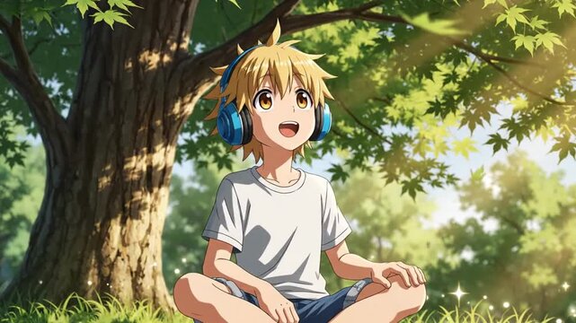 P149-a boy is sitting under tree listening to music anime  video 4K 10s