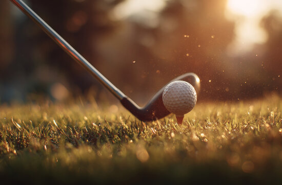 A golf ball being struck by a club on lush green grass during sunset - Powered by Adobe