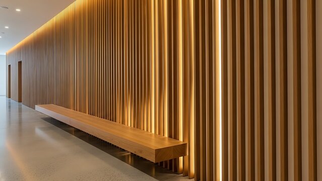 Modern Interior Design with Warm Wood Paneling and Integrated Lighting.