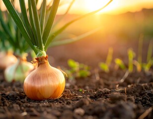 Close-up of a bulb onion growing in a cultivated garden, sunlight