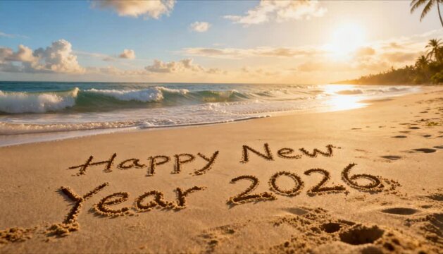 happy new year 2026 text handwritten in sandy tropical beach with gentle sea waves