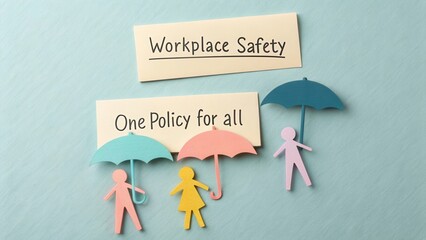 Colorful Cut-Out Figures with Umbrellas Representing Workplace Safety and Equal Policy for All Employees in an Office Setting