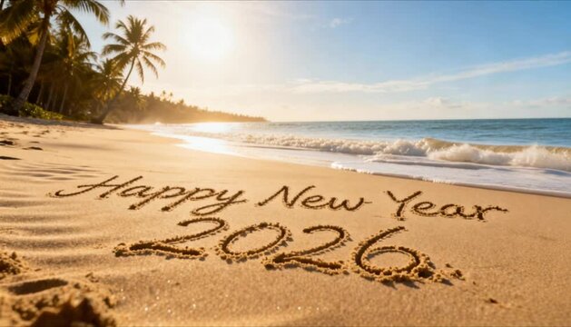 happy new year 2026 text handwritten in sandy tropical beach with gentle sea waves