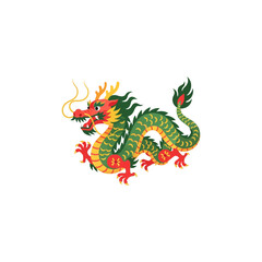 Obraz premium Vibrant Traditional Chinese Dragon Illustration, Mythical Asian Creature in Green, Red, and Gold, Isolated on White Background for Cultural Designs and Festivals