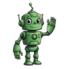 Obraz premium Friendly Green Robot Waving with Antenna and Square Head.