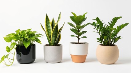 Fototapeta premium Collection of four potted houseplants including a Pothos Snake Plant Fiddle Leaf Fig and ZZ Plant in modern ceramic pots isolated on white background for home decor and interior de