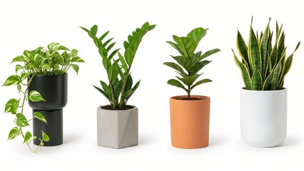 Obraz premium Collection of four diverse houseplants in modern ceramic and concrete pots perfect for home decor interior design and wellness concepts isolated on white