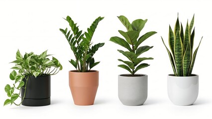Fototapeta premium Collection of four potted houseplants including pothos ZZ plant fiddle leaf fig and snake plant isolated on white background for home decor and interior design