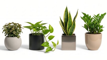 Fototapeta premium Collection of four potted houseplants including snake plant and pothos arranged in modern planters for home decor and interior design isolated on white