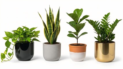 Obraz premium Collection of four potted houseplants including pothos snake plant fiddle leaf fig and ZZ plant in modern planters for home decor and interior design