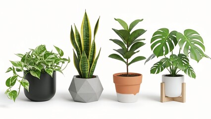 Fototapeta premium Collection of four potted houseplants including snake plant and monstera displayed in modern pots for home decor and interior design isolated on white