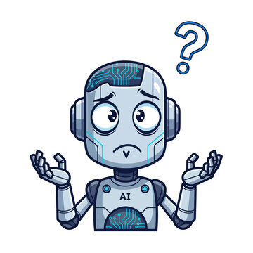 Confused AI Robot Shrugging with Question Mark Above Head.