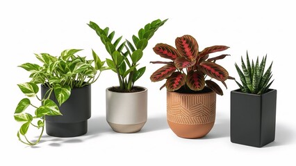 Fototapeta premium Collection of four potted houseplants including a pothos ZZ plant and snake plant in modern ceramic and terracotta pots isolated on a white background for home decor and interior d