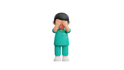 3D Cartoon Nurse Covering Eyes on transparent background