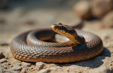 Fototapeta premium Australian eastern brown snake coiled on dry ground. Reptile flicks tongue senses surroundings. Dangerous venomous wild animal in natural habitat.