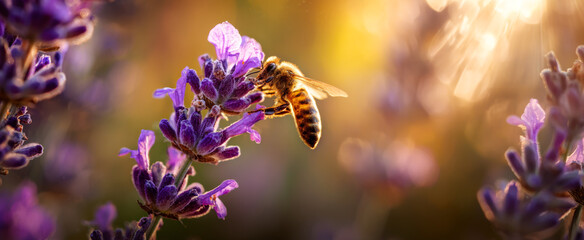 A honeybee collecting nectar from vibrant purple lavender flowers bathed in warm sunlight
