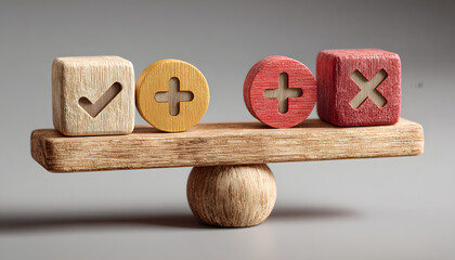 Wooden balance with check and cross icons, representing pros and cons, analysis, and choice concept.