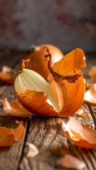 Close-up of a peeled onion with its outer layers on a wood surface