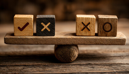 Wooden balance with check and cross icons, representing pros and cons, analysis, and choice concept.