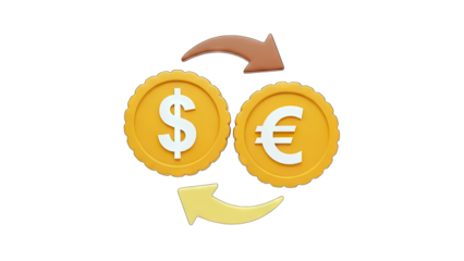 3D Dollar and Euro coin exchange with arrows on transparent background