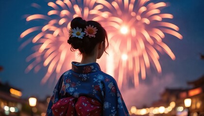 Woman in traditional blue yukata watches vibrant pink fireworks explode in night sky. Festive occasion with illuminated townscape and flowers in her hair. Celebratory atmosphere.