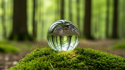 Crystal ball on moss in green forest environment concept ecology