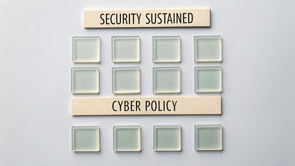 Conceptual representation of cybersecurity themes with glass tiles and wooden blocks emphasizing policies and security measures