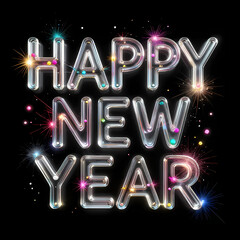 Glass typography &ldquo;HAPPY NEW YEAR&rdquo; with colorful festive spark bursts