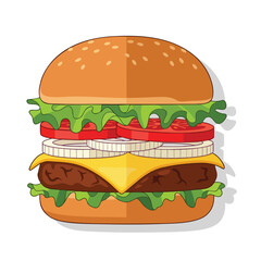 Cartoon burger with sesame bun, lettuce, tomato, onion, cheese, and patty