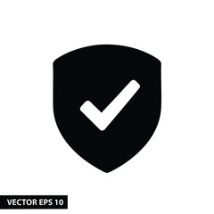 A black shield icon with a white checkmark inside, on a white background