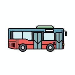 Vector illustration of a red city bus with blue roof and doors, two wheels visible