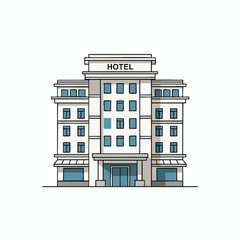 A symmetrical, stylized illustration of a three-story hotel, simple yet inviting design