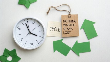 Creative concept of recycling and sustainability with clock, notes, and green arrows representing the cycle of time and resources