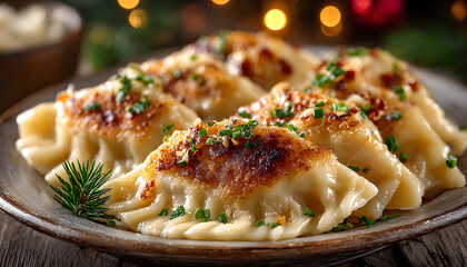 Traditional Polish pierogi dumplings served on a rustic plate with blurred Christmas background.