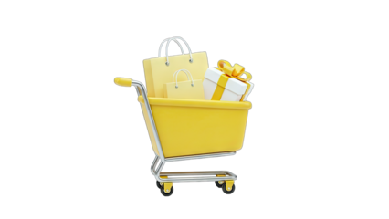 3D Shopping Cart with Gifts and Bags on transparent background
