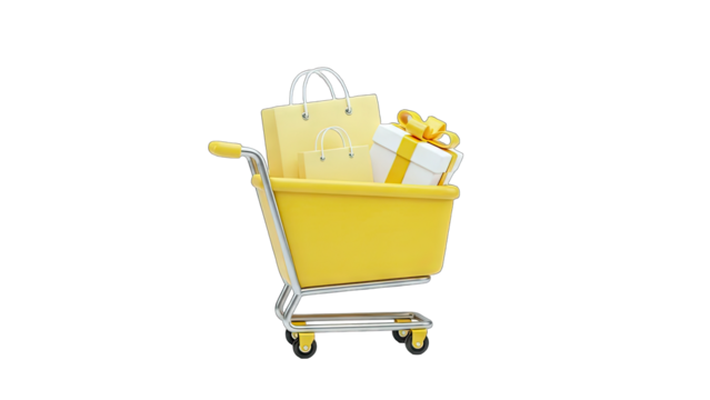 3D Shopping Cart with Gifts and Bags on transparent background - Powered by Adobe