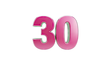 3D 30 Number Pink Metallic With Mint Green Outline Isolated on transparent background