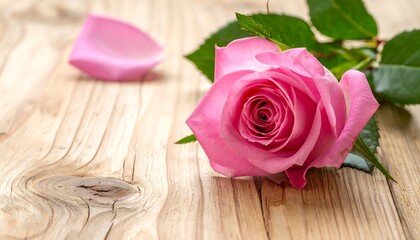 Close-up of a pink rose on a rustic wooden surface