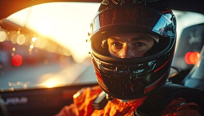 Race Car Driver in Helmet Competing at High Speed on Motorsport Track
