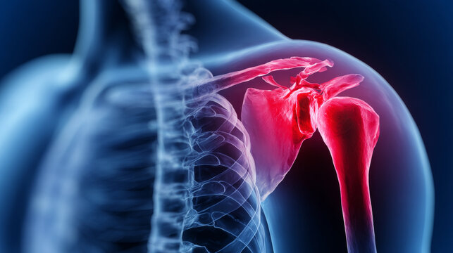 A human shoulder with an x-ray style highlighting joint pain or injury in the shoulder area