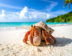 Close-up of a hermit crab on a white sandy beach with turquoise water