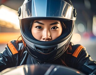Close-up of a racer staring directly at the camera, wearing a helmet