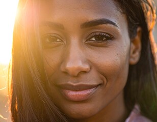 Close-up of a smiling woman with sunlight backlighting her face