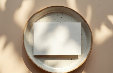 Blank white card rests on speckled ceramic plate. Natural sunlight casts soft shadows across surface. Minimalist stationery mockup for branding or event invitations, offering ample copy space.