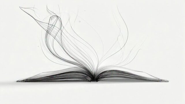 animate Self drawing animation of an open book emerging from flowing black ink strokes, calligraphy-inspired lines smoothly sketch the pages and spine