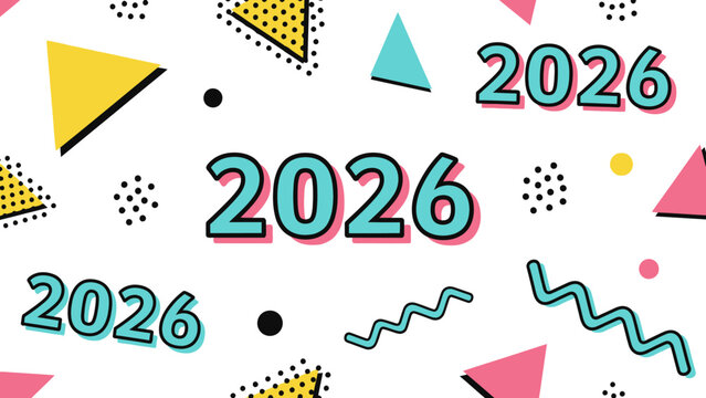 2026 with colorful geometric shapes and dotted patterns.