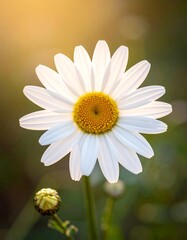 Close-up of a sunlit daisy flower with bright petals and a yellow center