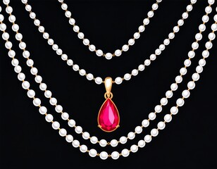 Vector graphic of a multiple layered pearl necklace with a ruby pendant against a black background