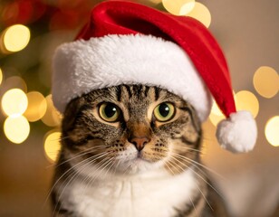 Close-up of a tabby cat wearing a Santa hat with bokeh lights background
